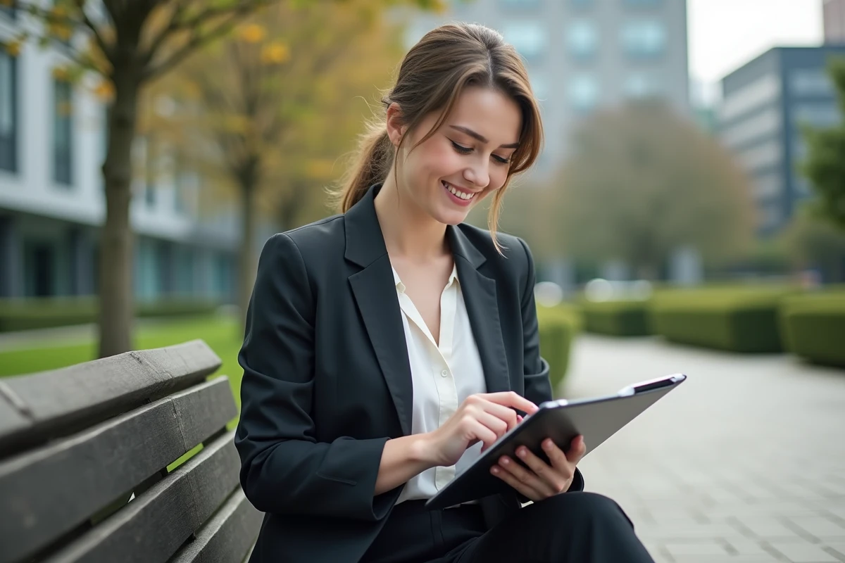 Jeune femme dans un parc vérifiant sa tablette avec un sourire