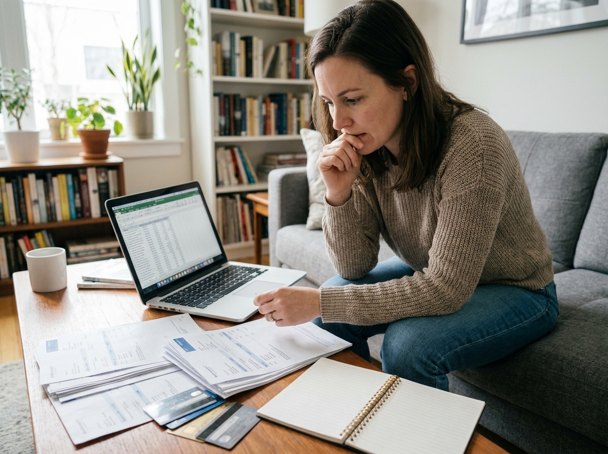 Jeune femme organise ses finances sur un canapé moderne