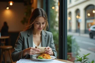 Femme en pause déjeuner consultant des documents fiscaux sur les frais de repas déductibles pour temps partiel