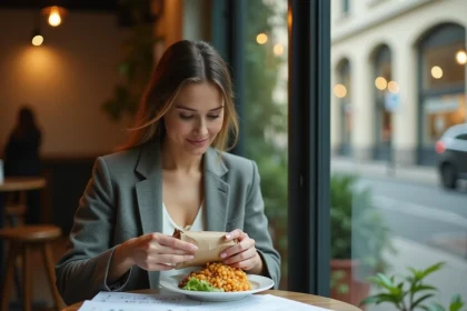 Femme en pause déjeuner consultant des documents fiscaux sur les frais de repas déductibles pour temps partiel