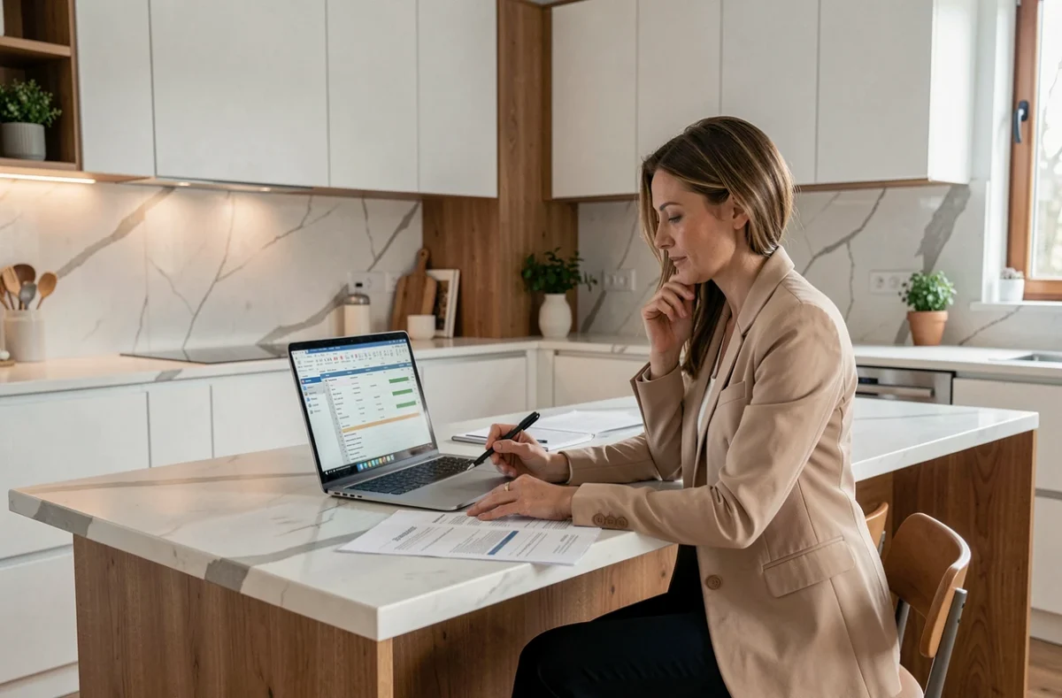 Femme en blazer beige planifiant son investissement SCPI sur ordinateur portable dans une cuisine scandinave moderne