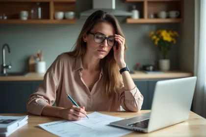 Femme concentr&eacute;e remplissant un formulaire de pr&ecirc;t immobilier