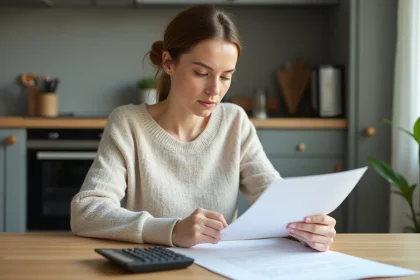 Femme concentrée examinant des documents de prêt à la maison