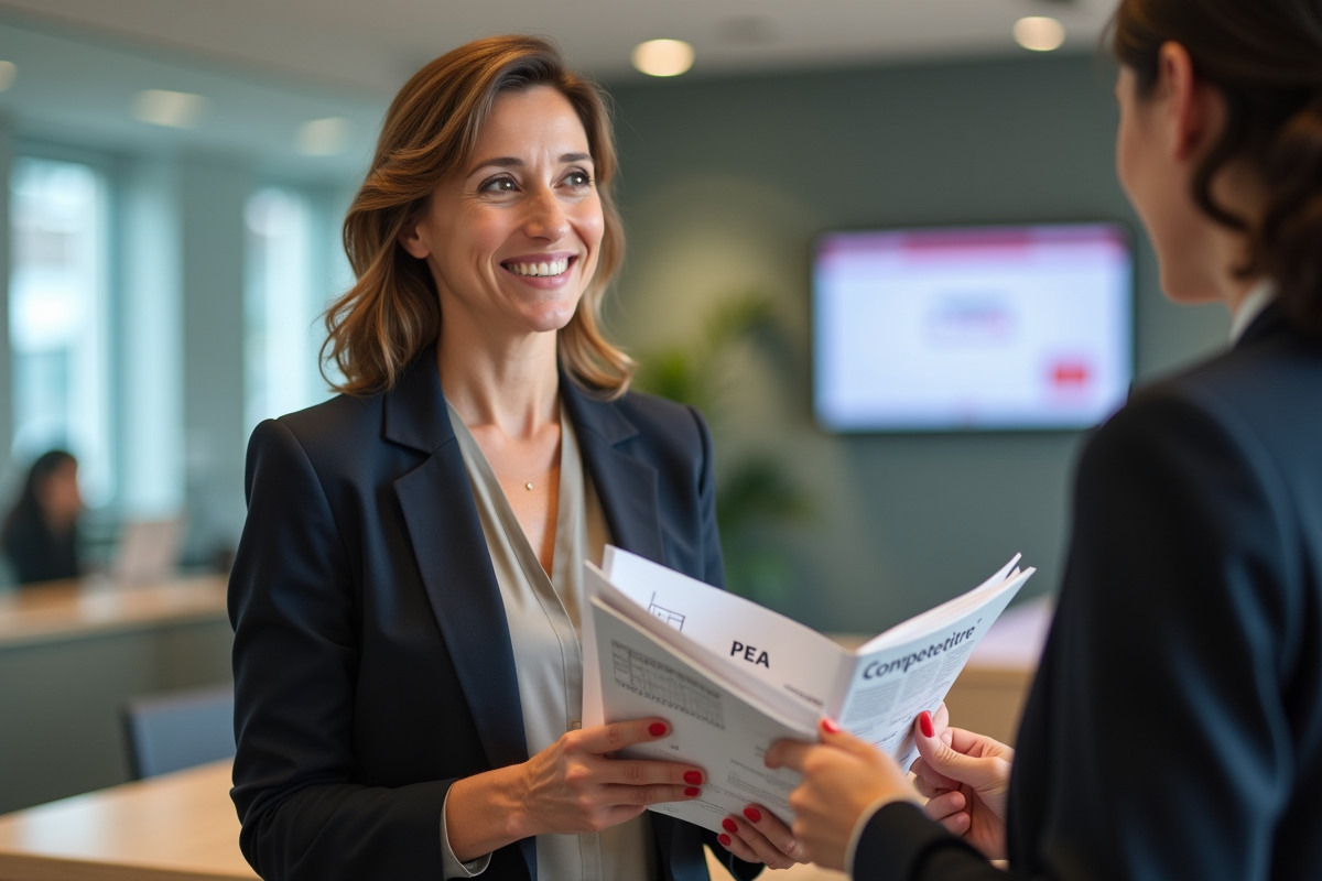 Femme recevant brochures dans une agence bancaire