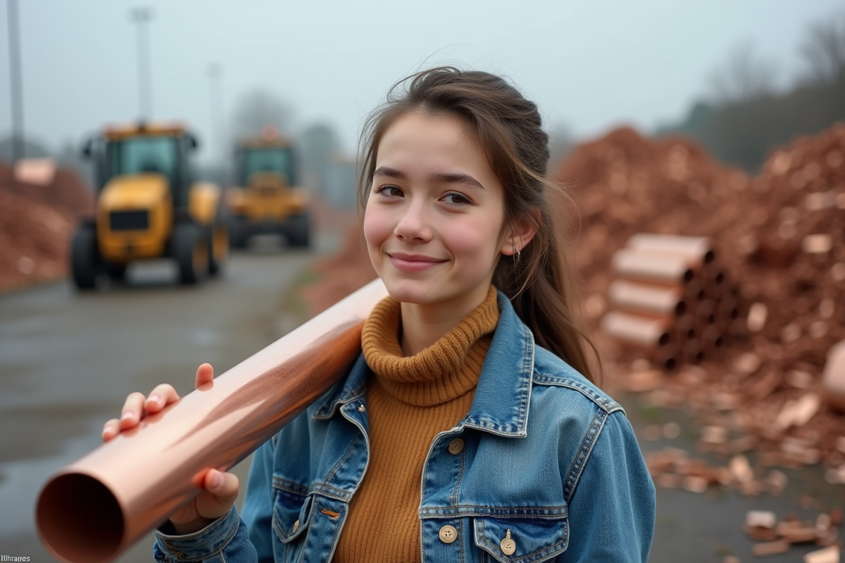 Jeune femme dans une cour de recyclage cuivre avec un tuyau en main