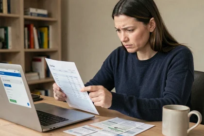 Femme examinant un relevé bancaire papier pour identifier un prélèvement SGS Automotive de 30 euros