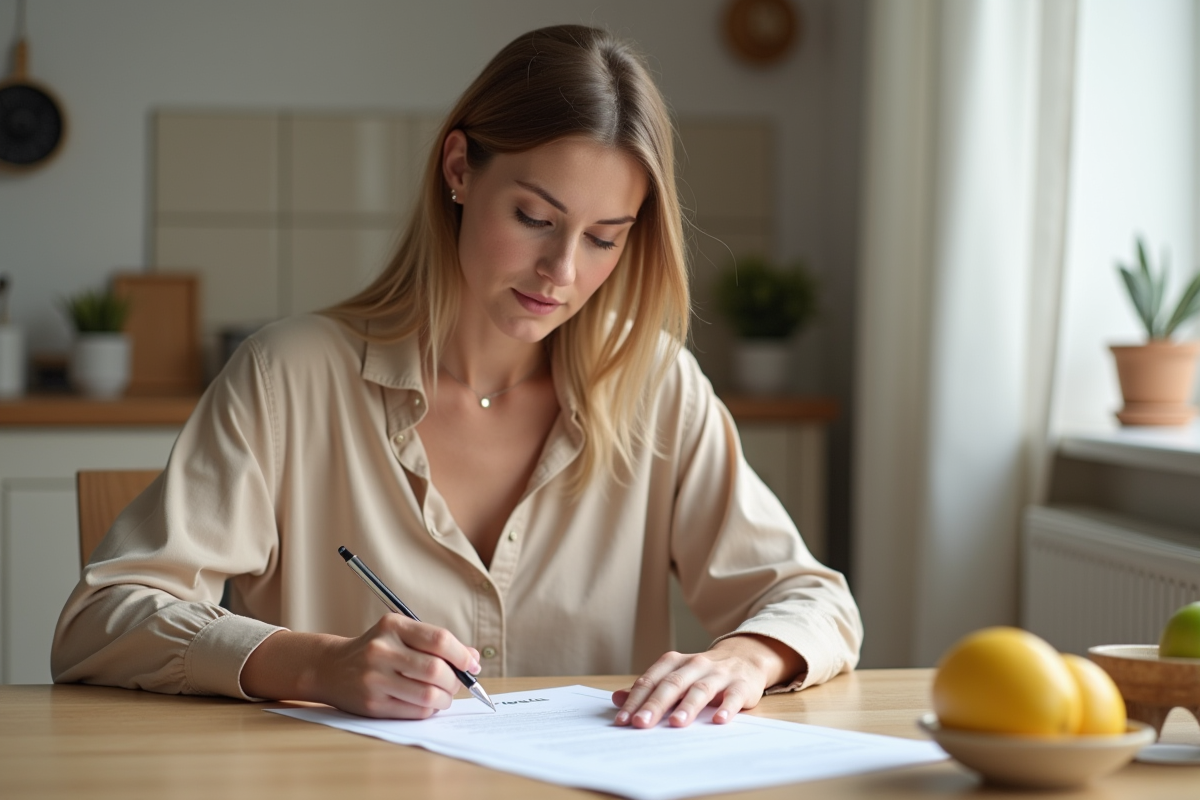 Femme à la maison remplissant un formulaire de dette