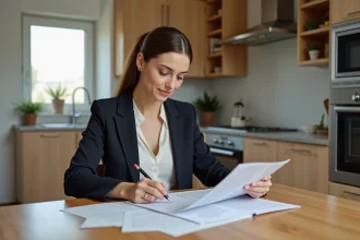 Femme remplissant des formulaires dans une cuisine lumineuse
