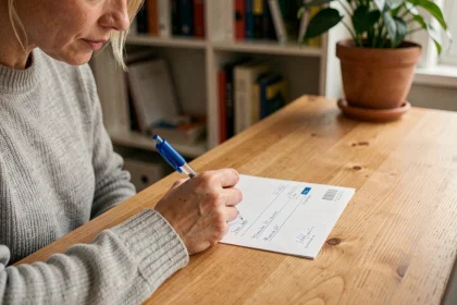 Femme remplissant un chèque bancaire à son bureau avec un stylo bleu, exemple de rédaction correcte d'un chèque