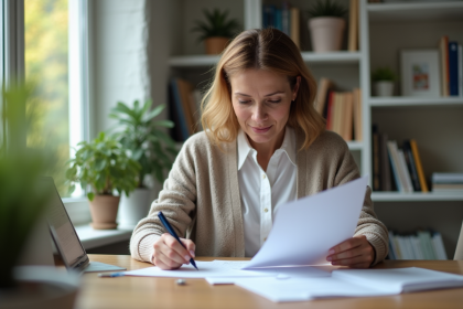 Femme d'âge moyen dans un bureau moderne examine des documents de retraite