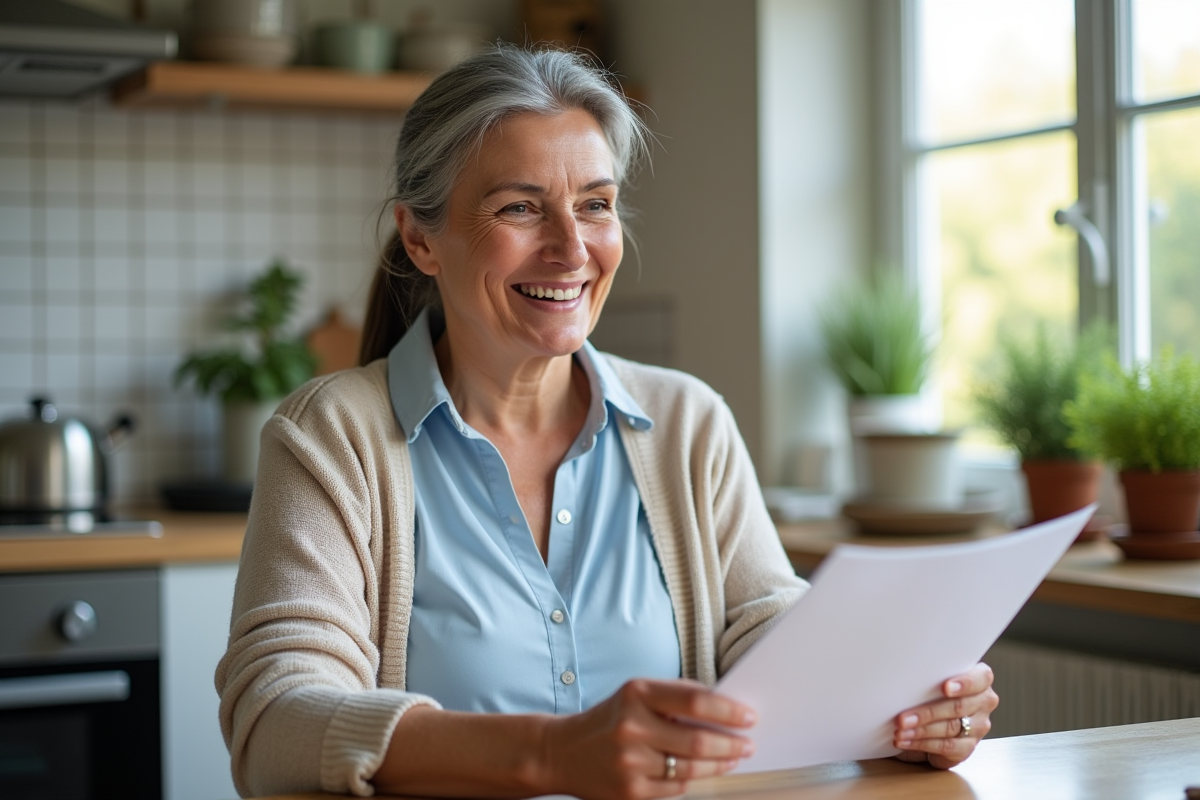Femme souriante en cuisine avec dossier retraite