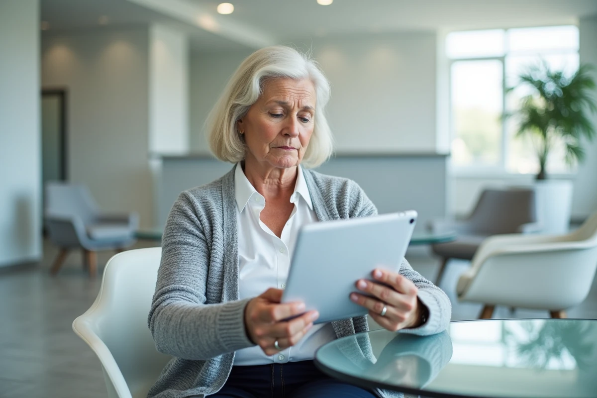 Femme retraitée consultant son espace en ligne dans une agence de retraite complémentaire avec une tablette