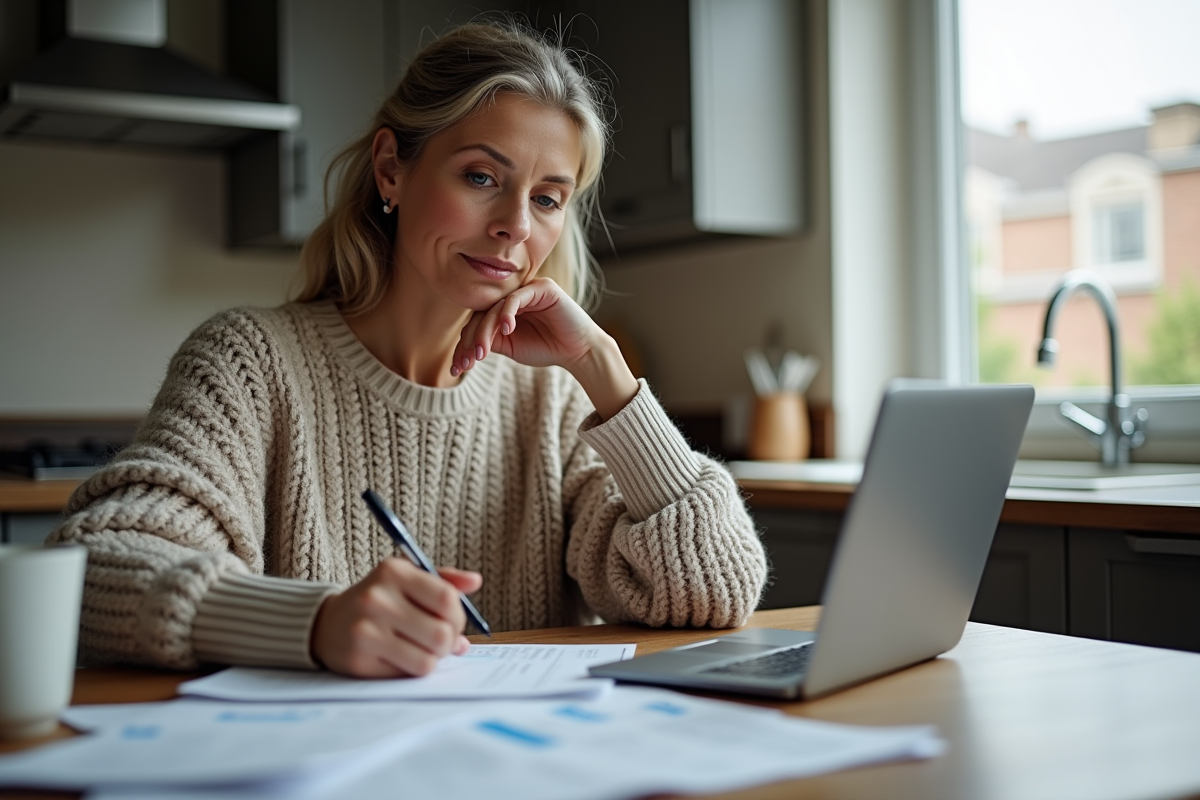 Femme à la maison examinant ses documents fiscaux