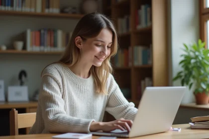 Jeune femme &agrave; la maison utilisant une carte cadeau en ligne