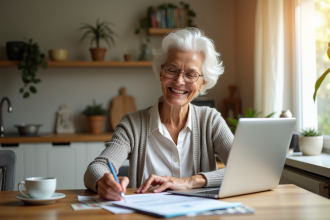 Femme senior souriante à la maison avec documents financiers