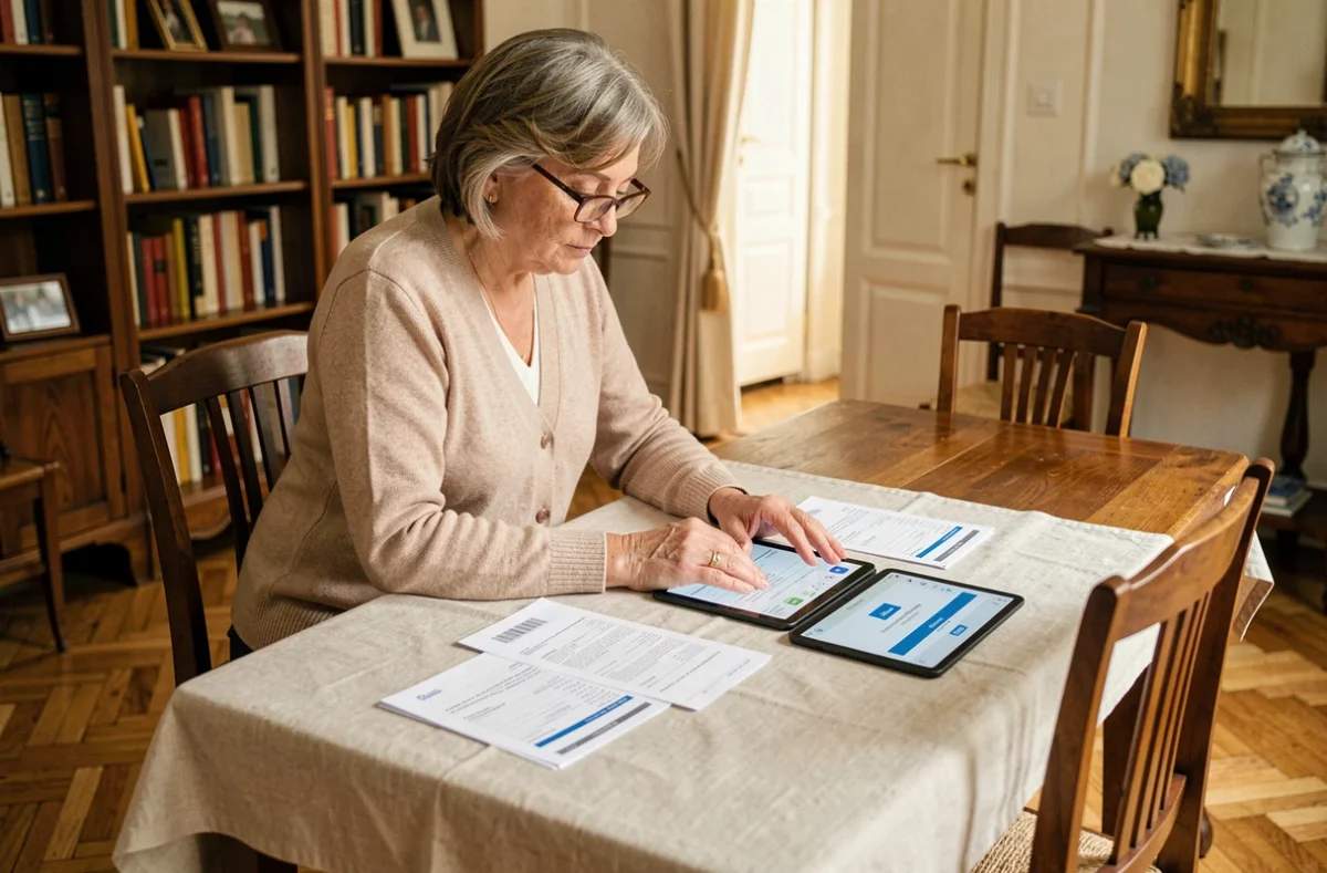 Femme senior comparant des relevés bancaires papier et son espace client Progéliance sur tablette pour contrôler ses virements et prélèvements