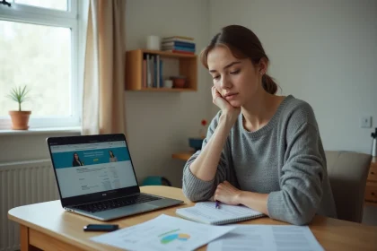 Jeune femme seule calculant ses droits au RSA sur un ordinateur portable à la table de sa cuisine, entourée de factures et de papiers administratifs