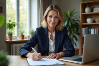 Femme d'âge moyen signant un document d'assurance à la maison
