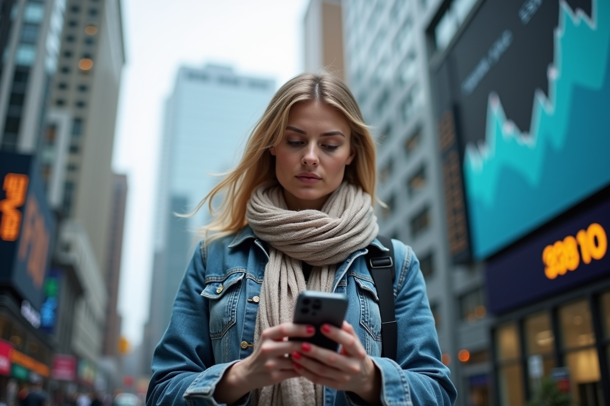 Femme dehors consulte son application de cryptomonnaie