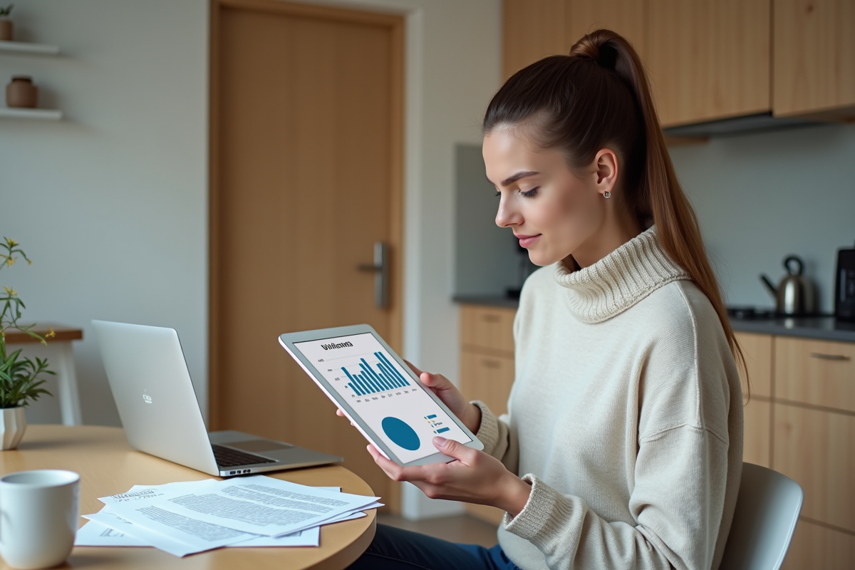 Jeune femme regardant un graphique de dividendes sur tablette