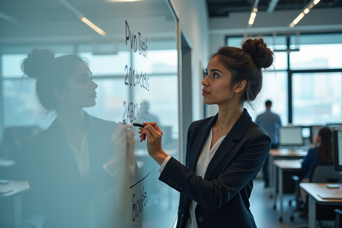Femme asiatique dessinant des calculs sur un tableau blanc