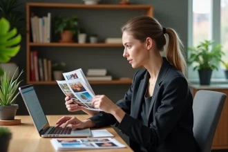Femme en blazer regardant des impressions photo dans un bureau moderne
