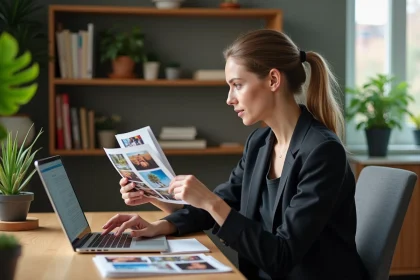 Femme en blazer regardant des impressions photo dans un bureau moderne