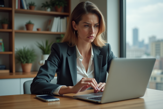 Femme au travail à domicile avec ordinateur et smartphone