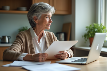 Femme de 60 ans dans une cuisine moderne regardant par la fenêtre