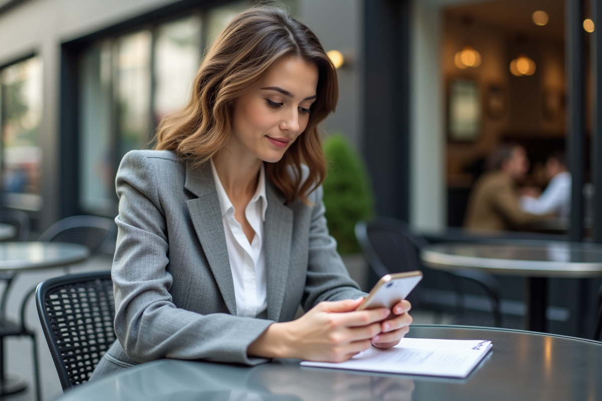 Jeune femme vérifiant ses clés de sécurité au café