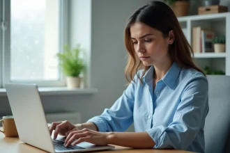 Femme consultant ses plafonds de paiement en ligne sur un ordinateur portable dans un bureau à domicile