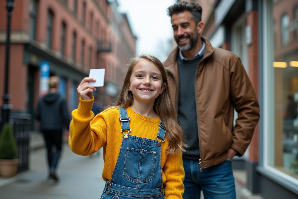 Fille de 12 ans fière avec sa carte bancaire devant la banque