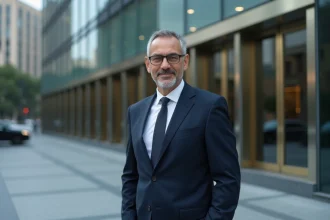 Homme d'affaires du Moyen-Orient en costume sombre devant une tour de verre, symbolisant la fortune et le pouvoir financier liés à Nasser Al-Khelaïfi et au PSG
