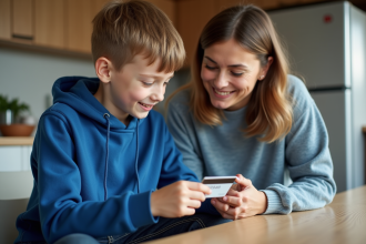 Garçon de 10 ans avec sa mère regardant la carte bancaire