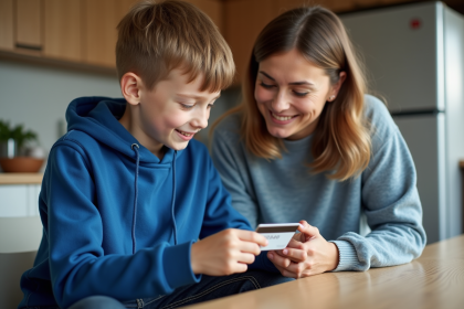 Garçon de 10 ans avec sa mère regardant la carte bancaire