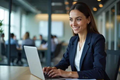 Femme professionnelle gérant des abonnements PayPal et paiements récurrents sur un ordinateur portable dans un bureau moderne