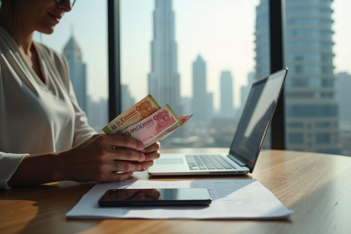 Personne vérifiant ses dépenses mensuelles avec dirhams à Dubaï
