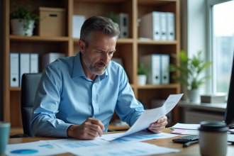 Homme d'âge moyen en réunion de gestion financière
