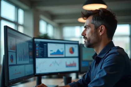 Gestionnaire de flotte automobile analysant un simulateur de calcul TVS 2026 sur écran d'ordinateur en open space