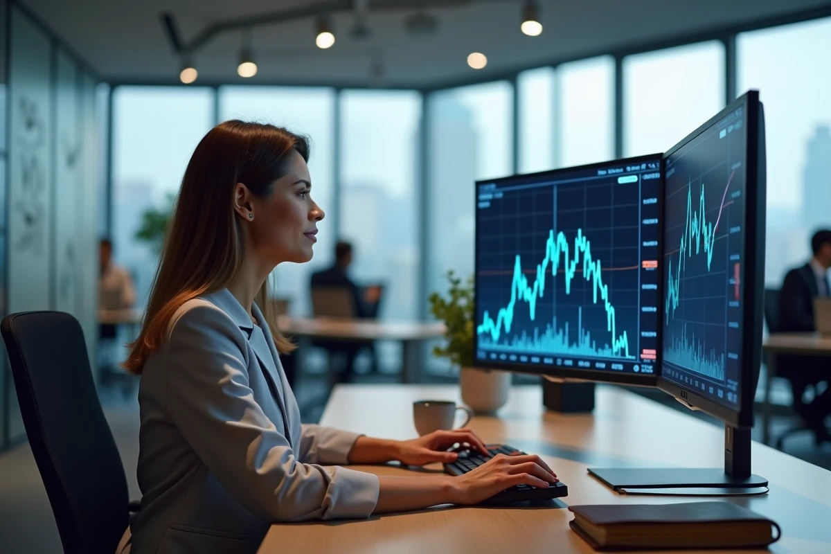 Gestionnaire de portefeuille féminine analysant la performance à long terme d'une action de fond de portefeuille type Air Liquide sur un poste de trading professionnel