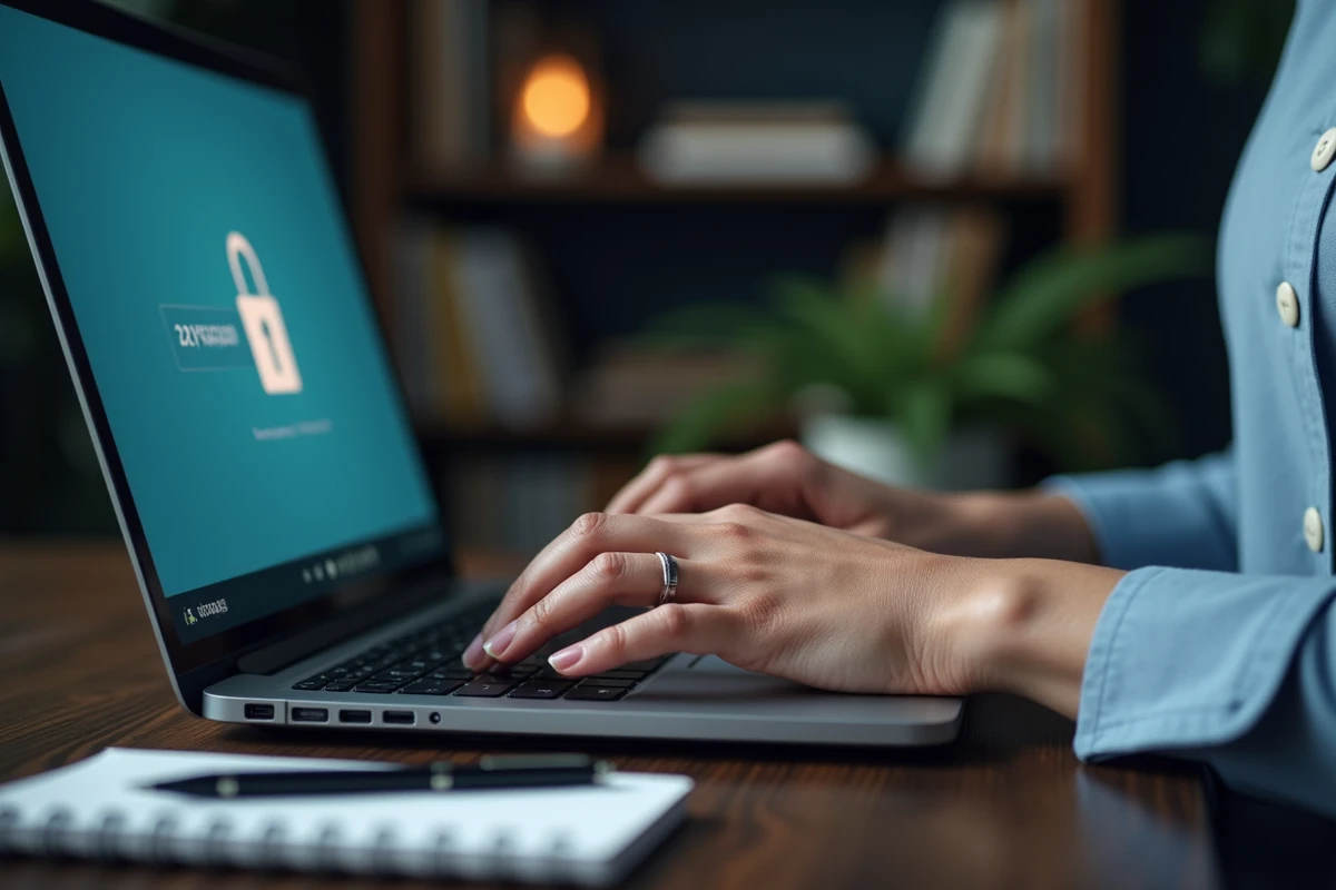 Gros plan sur des mains féminines saisissant un mot de passe sécurisé sur un clavier d'ordinateur portable