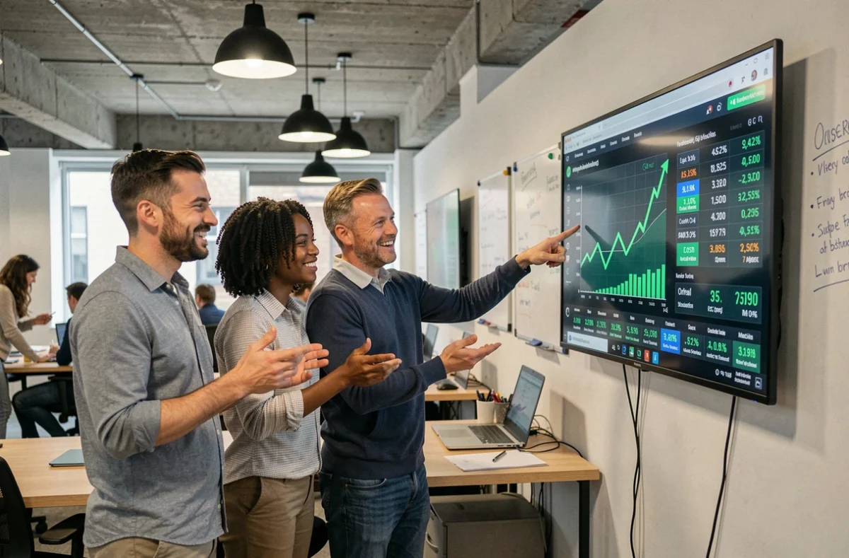 Groupe de collègues en espace de coworking discutant de performances financières en ligne sur un écran mural