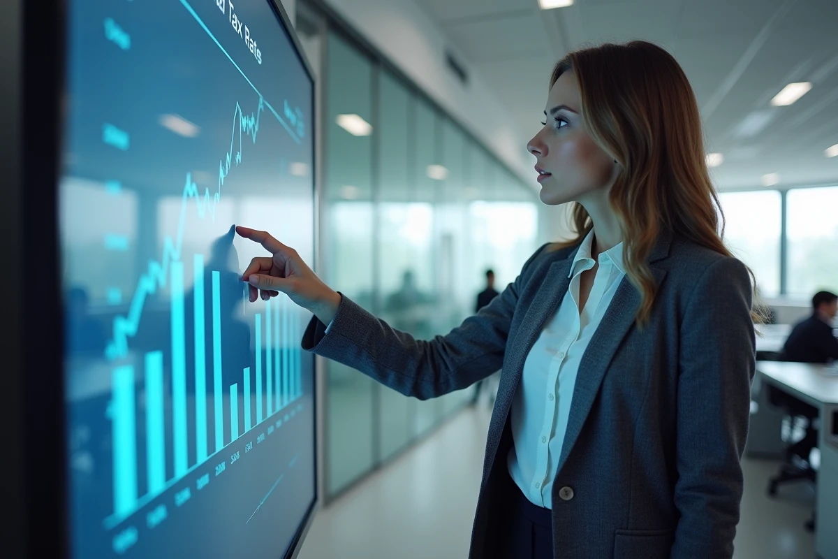 Comptable féminine présentant l'évolution des taxes locales sur un écran dans un bureau comptable moderne