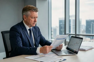 Homme d'affaires analysant des documents financiers liés aux SCPI dans un bureau moderne avec vue sur la ville