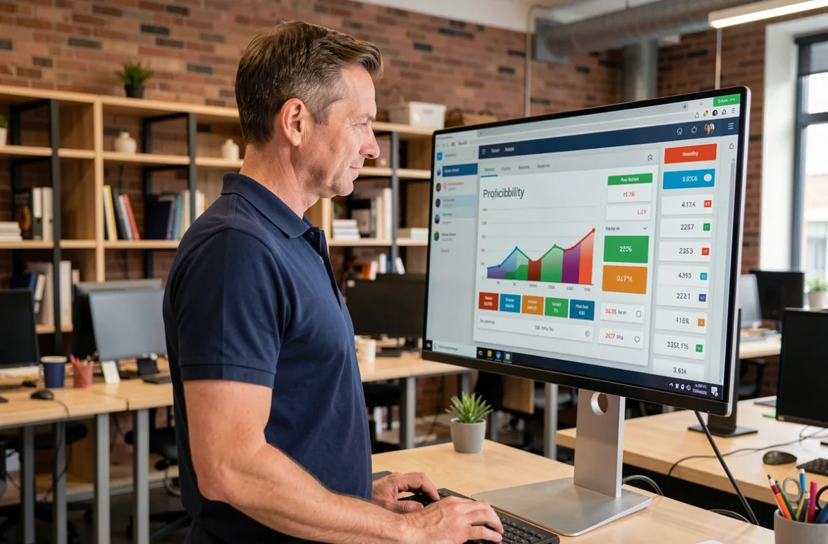Homme d'affaires utilisant un calculateur de rentabilité en ligne dans un espace de coworking moderne
