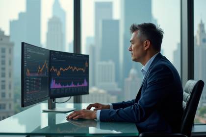 Homme d'affaires en costume bleu observant des graphiques crypto