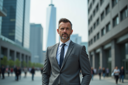 Homme d'affaires en costume gris devant un gratte-ciel