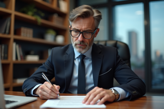 Homme d'affaires en costume lisant un document signé