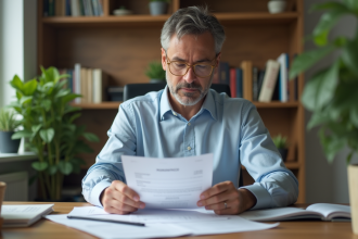 Homme d'affaires en bureau lisant des documents financiers