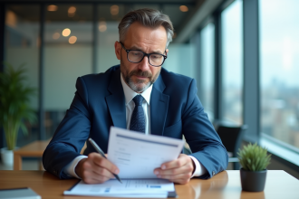 Homme d'affaires en costume bleu dans un bureau moderne
